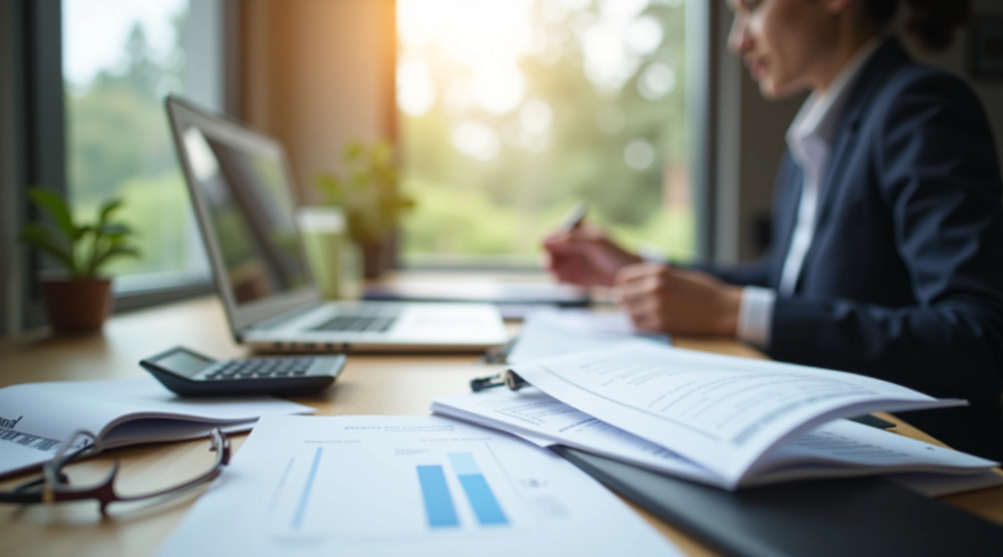 Professional accountant working at desk with tax documents, calculator, and laptop in bright office