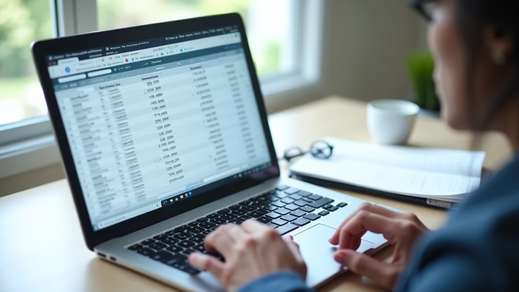Computer screen showing spreadsheet with income and expense tracking, organized in columns and rows