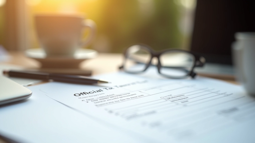 Official tax form with pen and coffee cup on organized desk