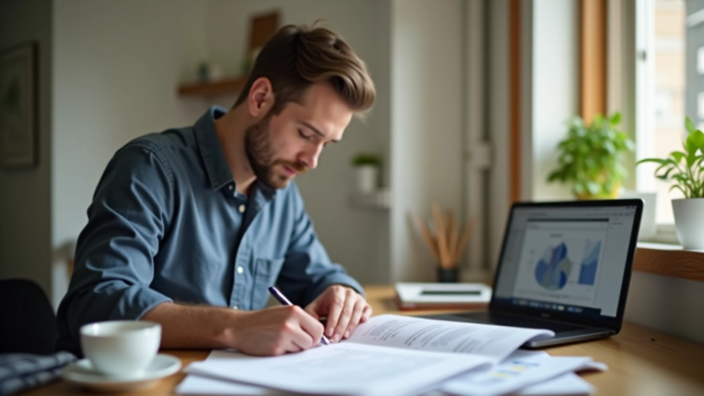 Self-employed professional working at home office desk with tax documents and calculator